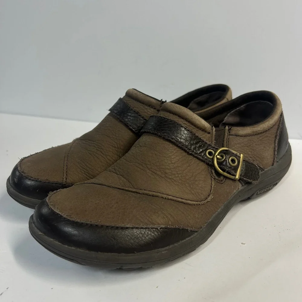 Merrell Leather Slip On Shoes Brown Womens 7.5 Buckle Strap Walking Loafer